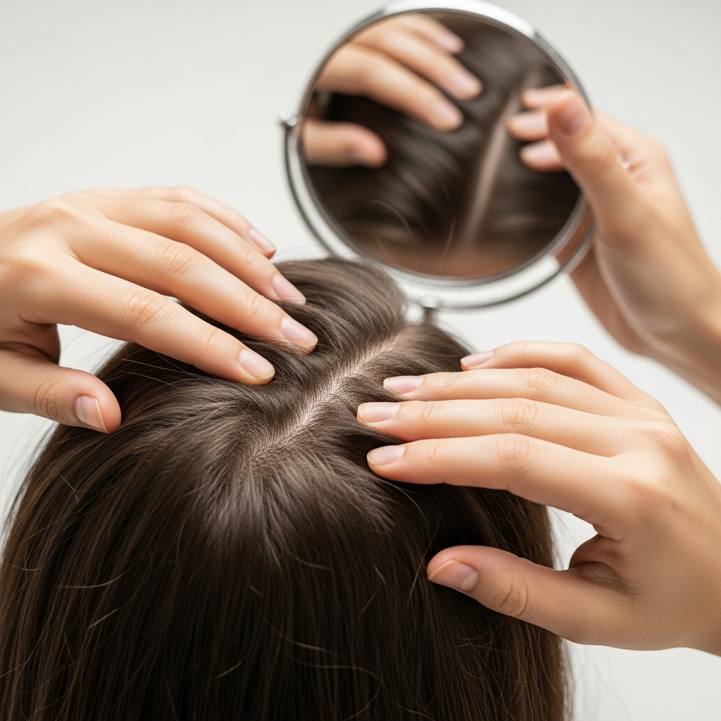 A person's hands gently parting their hair at the crown or along the parting line, using a mirror for self-examination of the scalp. The image should be clean and focus on the action of checking the scalp.