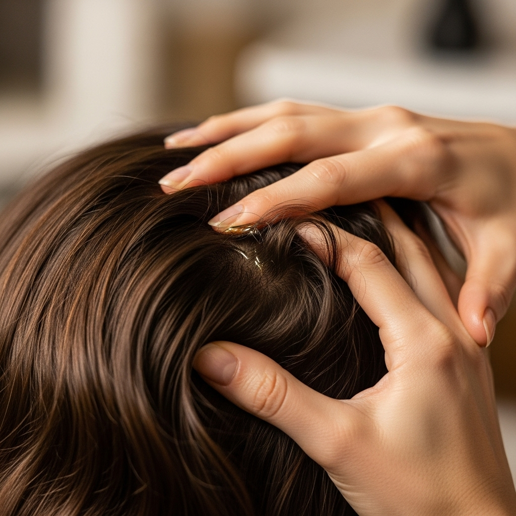 A hand gently massaging a scalp with fingertips, possibly using a natural hair oil or serum. The image should convey care and relaxation, with healthy-looking hair.