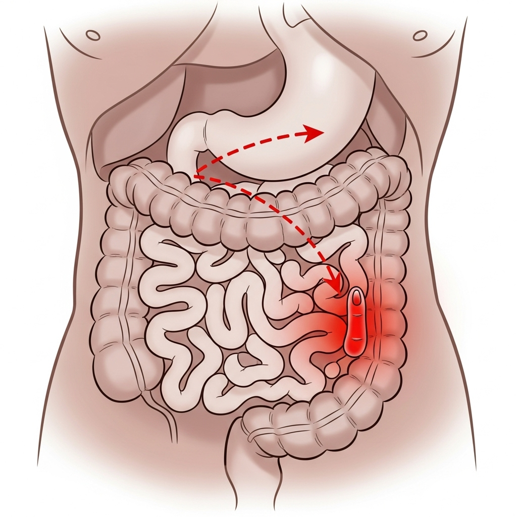 A stylized illustration of a human abdomen, with the appendix highlighted in red, indicating pain. Around it are subtle representations of the stomach and small intestine, showing the migratory path of pain.