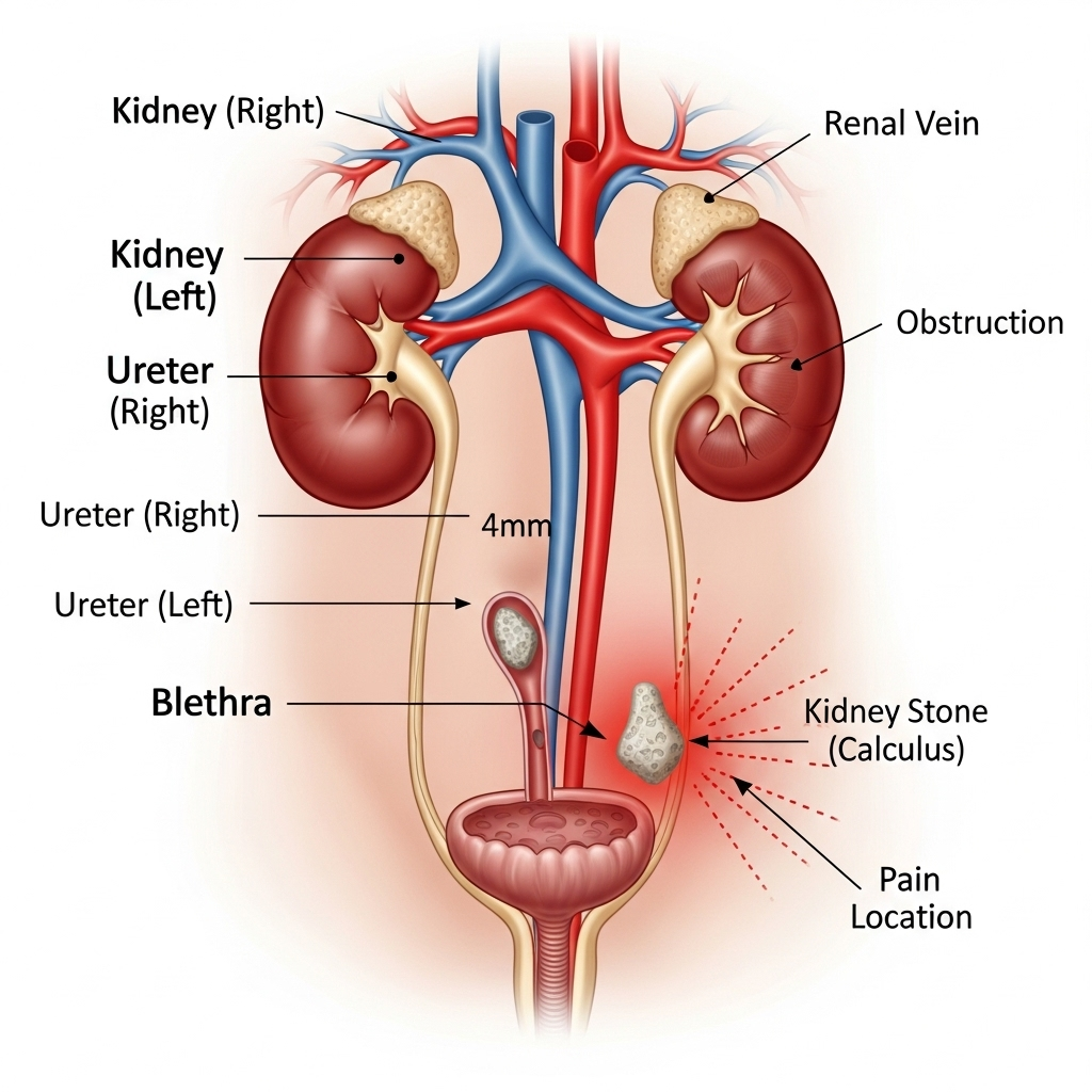 A detailed anatomical diagram of the human urinary system, with a small kidney stone (calculus) lodged in the right ureter, creating a visible obstruction and indicating pain in the lower right abdomen.