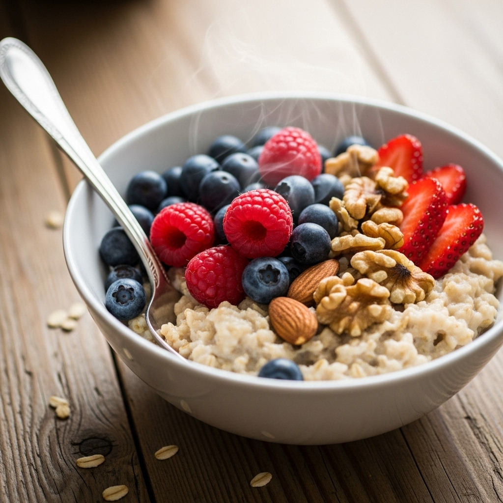 A close-up shot of a bowl of oatmeal with fresh berries and nuts, with a spoon, on a rustic wooden table.