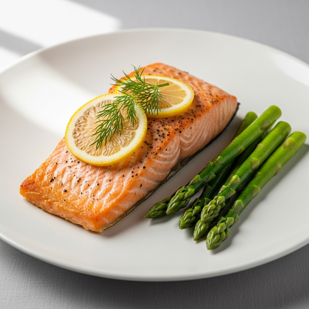 A perfectly cooked salmon fillet with lemon slices and dill, accompanied by asparagus, on a white plate.