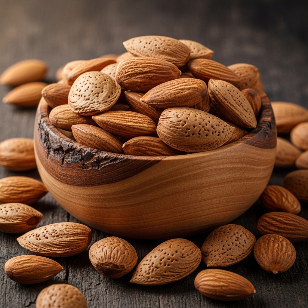 A small wooden bowl filled with whole almonds, scattered around on a dark textured background.