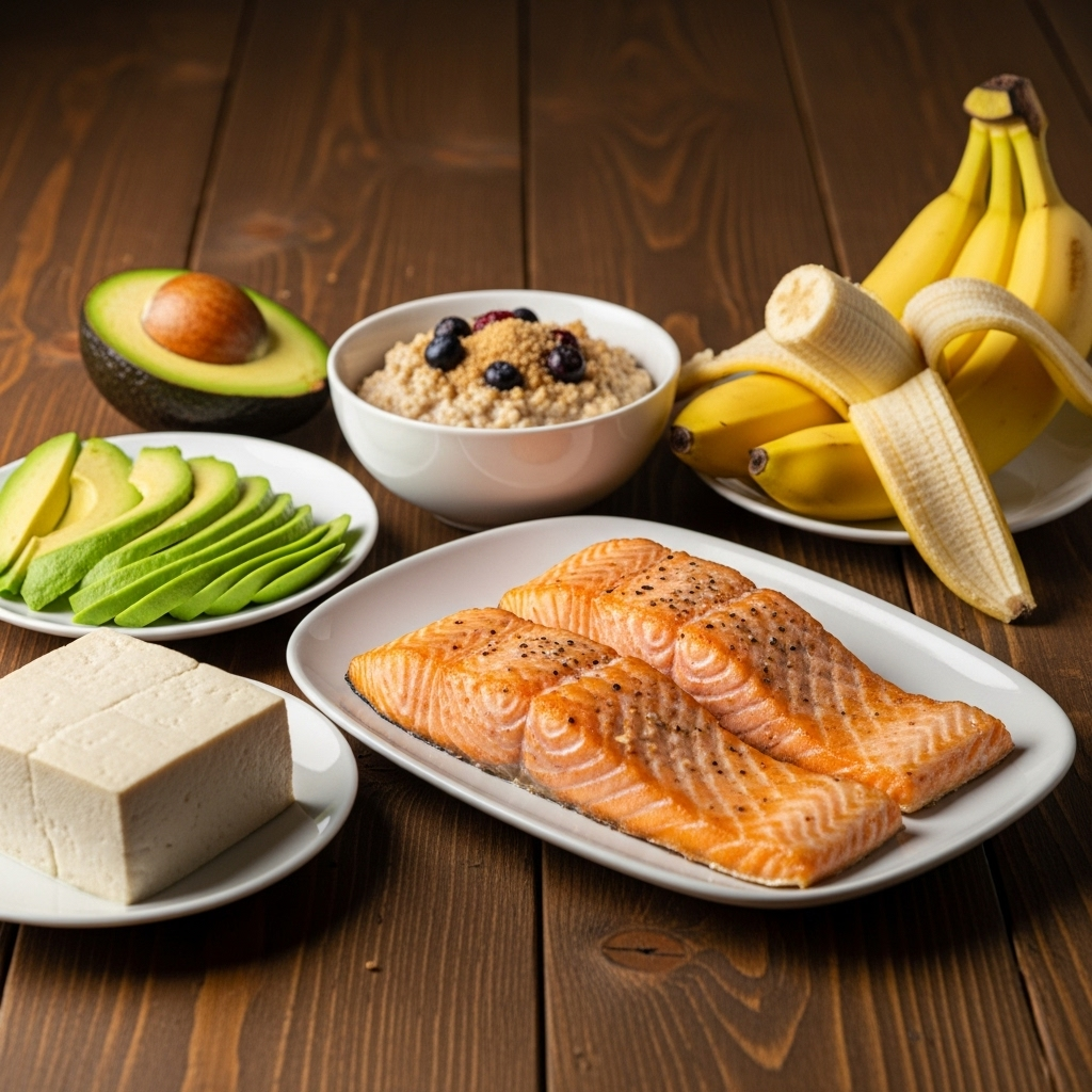 A diverse and healthy spread of foods on a rustic wooden table. Include cooked salmon fillets, ripe bananas, a bowl of oatmeal, sliced avocados, and a block of firm tofu. The lighting is warm and natural, emphasizing freshness and wholesomeness. No text.