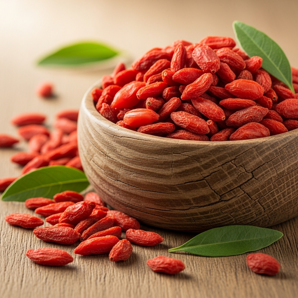 A beautifully arranged still life of vibrant red goji berries in a rustic wooden bowl, with a few fresh green leaves scattered around, on a natural wooden table. The lighting is soft and warm, highlighting the berries' texture. No text in the image.