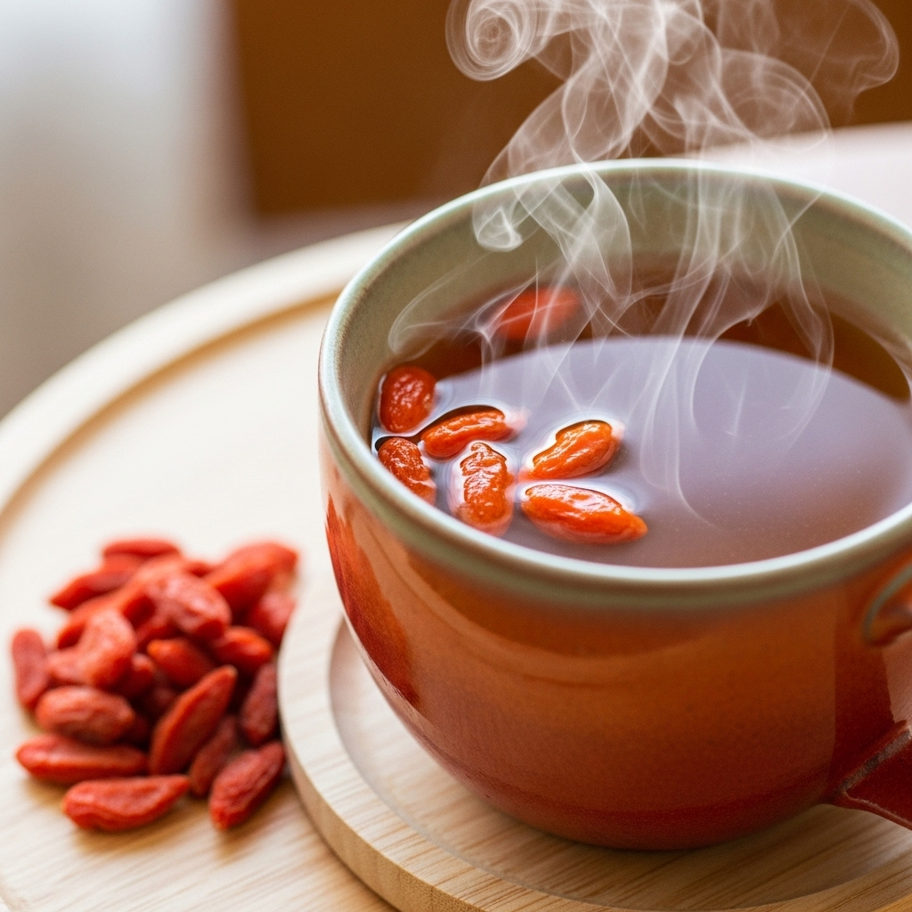 A close-up shot of a steaming ceramic mug filled with golden-brown goji berry tea, with a few dried goji berries floating on the surface. Next to the mug, there's a small pile of dried goji berries on a wooden coaster. The background is softly blurred. No text in the image.
