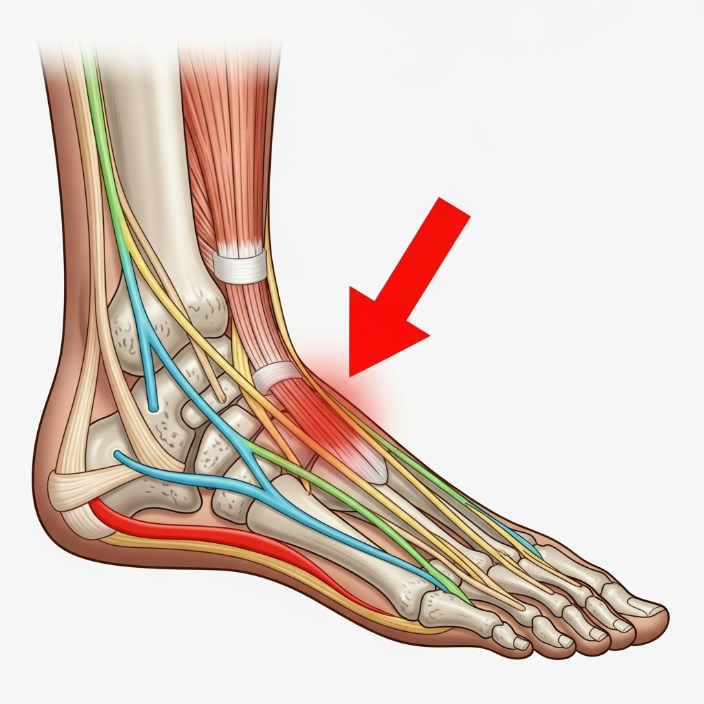 A diagram of a human foot, highlighting the plantar fascia with a red arrow pointing to an inflamed area on the heel and arch. The diagram is clear and anatomically accurate, with no text on the image.