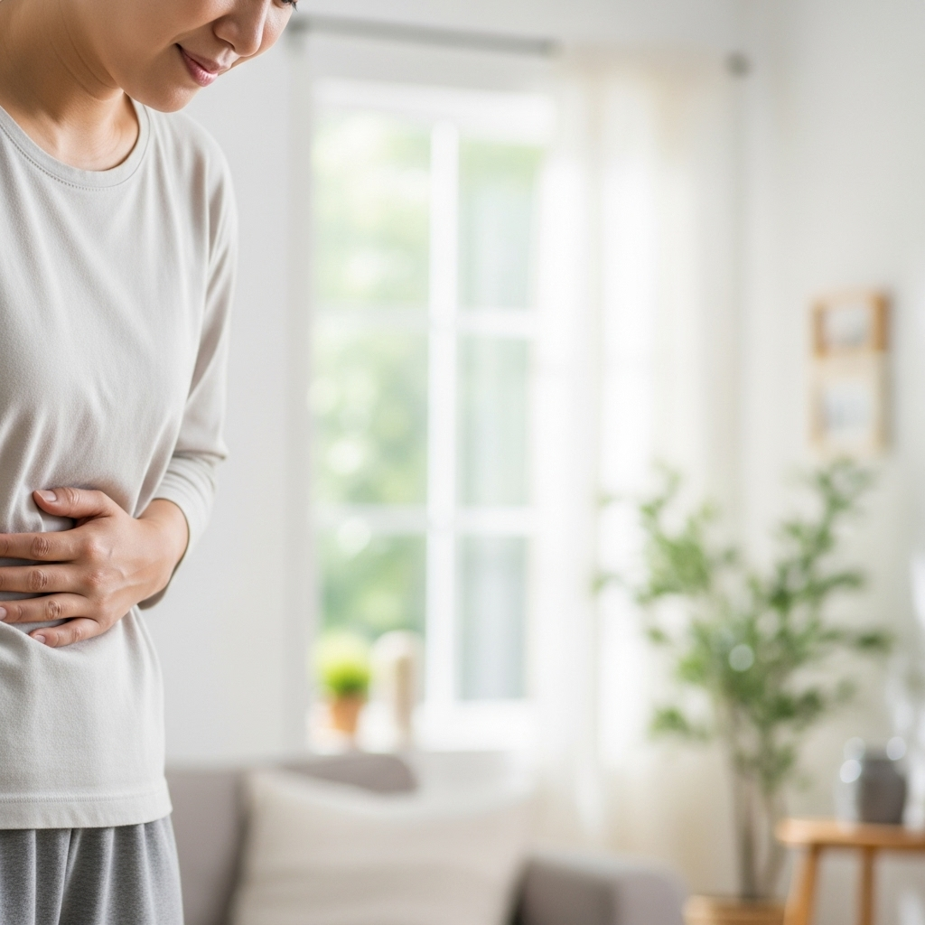 A person gently holding their stomach with a slight look of discomfort, in a light and airy setting. The background is soft, out-of-focus, suggesting a calm home environment. No text in the image.
