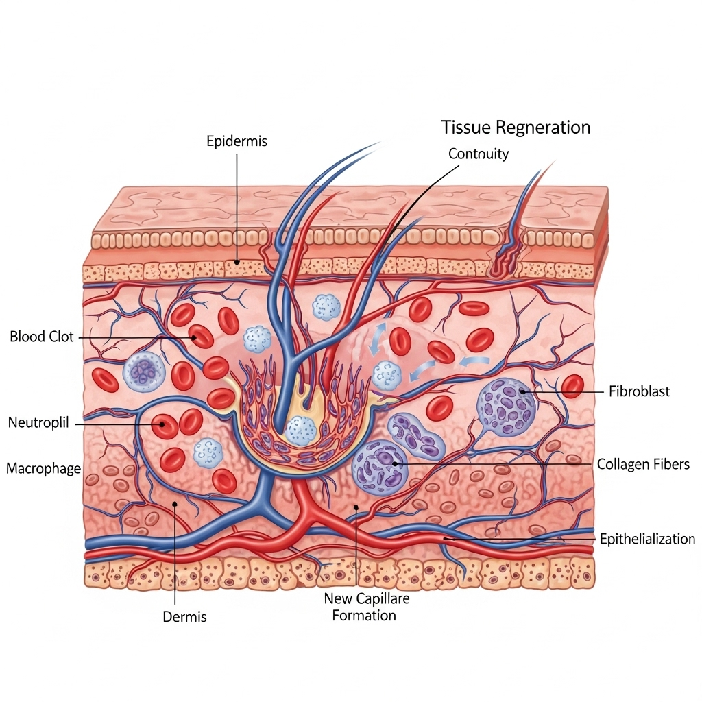 A detailed cross-section illustration of human skin showing wound healing process with blood cells and tissue regeneration, medical diagram style, clean and educational