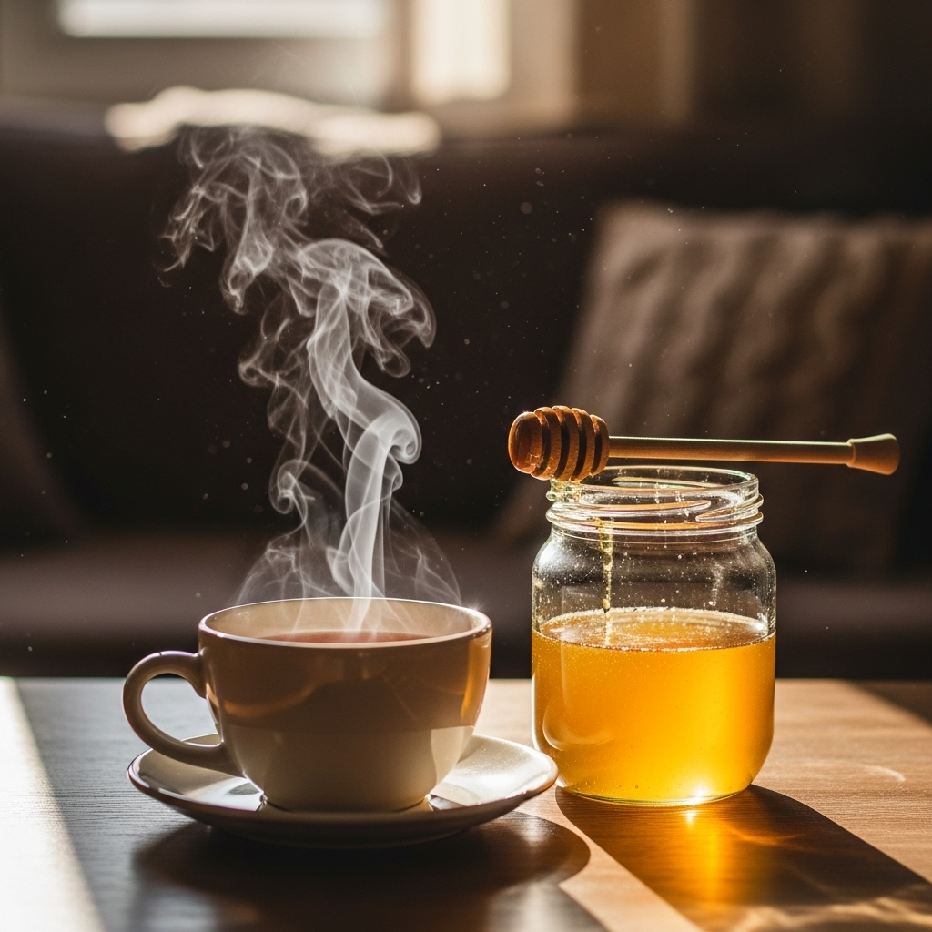 A cozy indoor scene with warm tea cup, honey jar, and steam rising, soft natural lighting, peaceful home environment