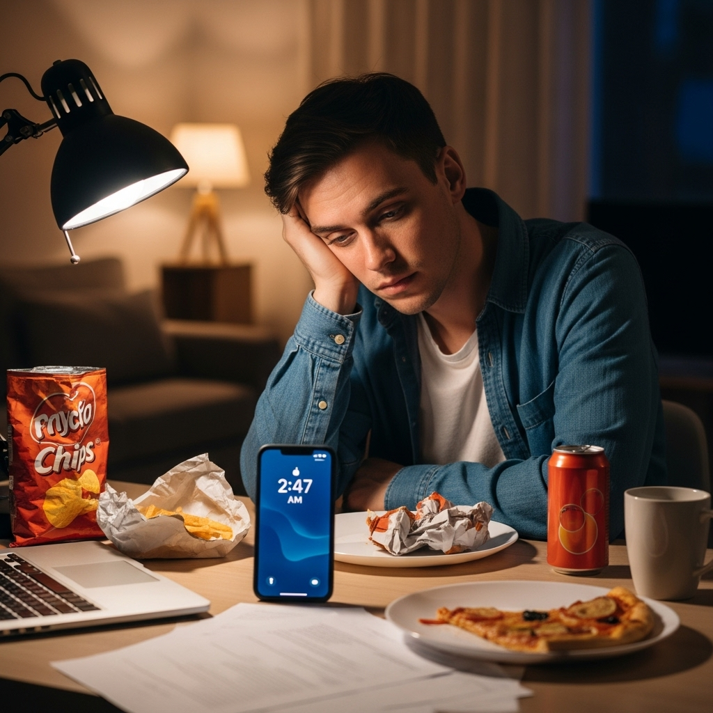 A modern person looking tired sitting at a desk with unhealthy lifestyle elements around like processed food, smartphone showing late night time, and sedentary posture in soft lighting
