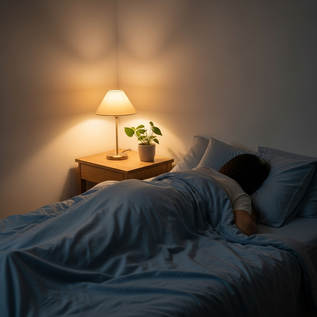 A peaceful bedroom scene with dim lighting showing a person sleeping peacefully without electronic devices, representing healthy sleep habits