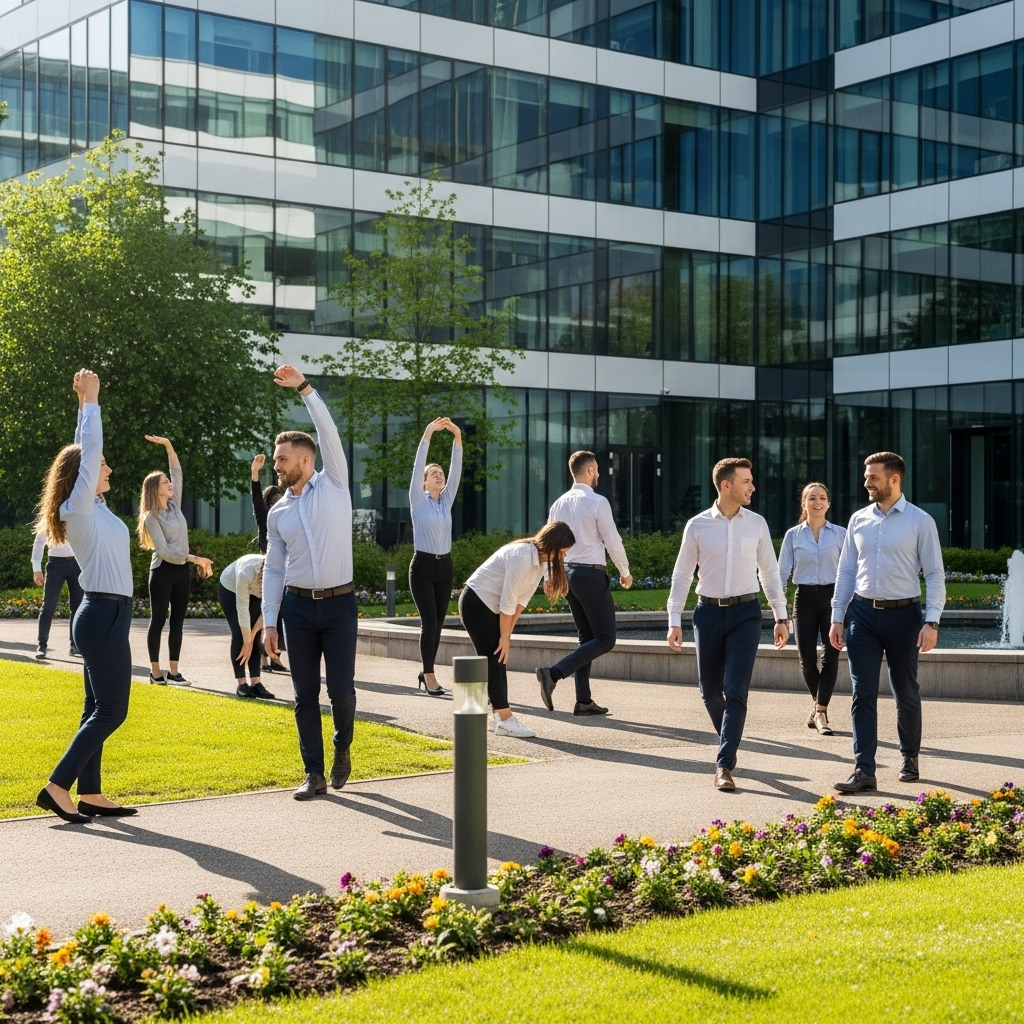 Office workers taking a walking break outside modern office building, showing people stretching and moving around during work break