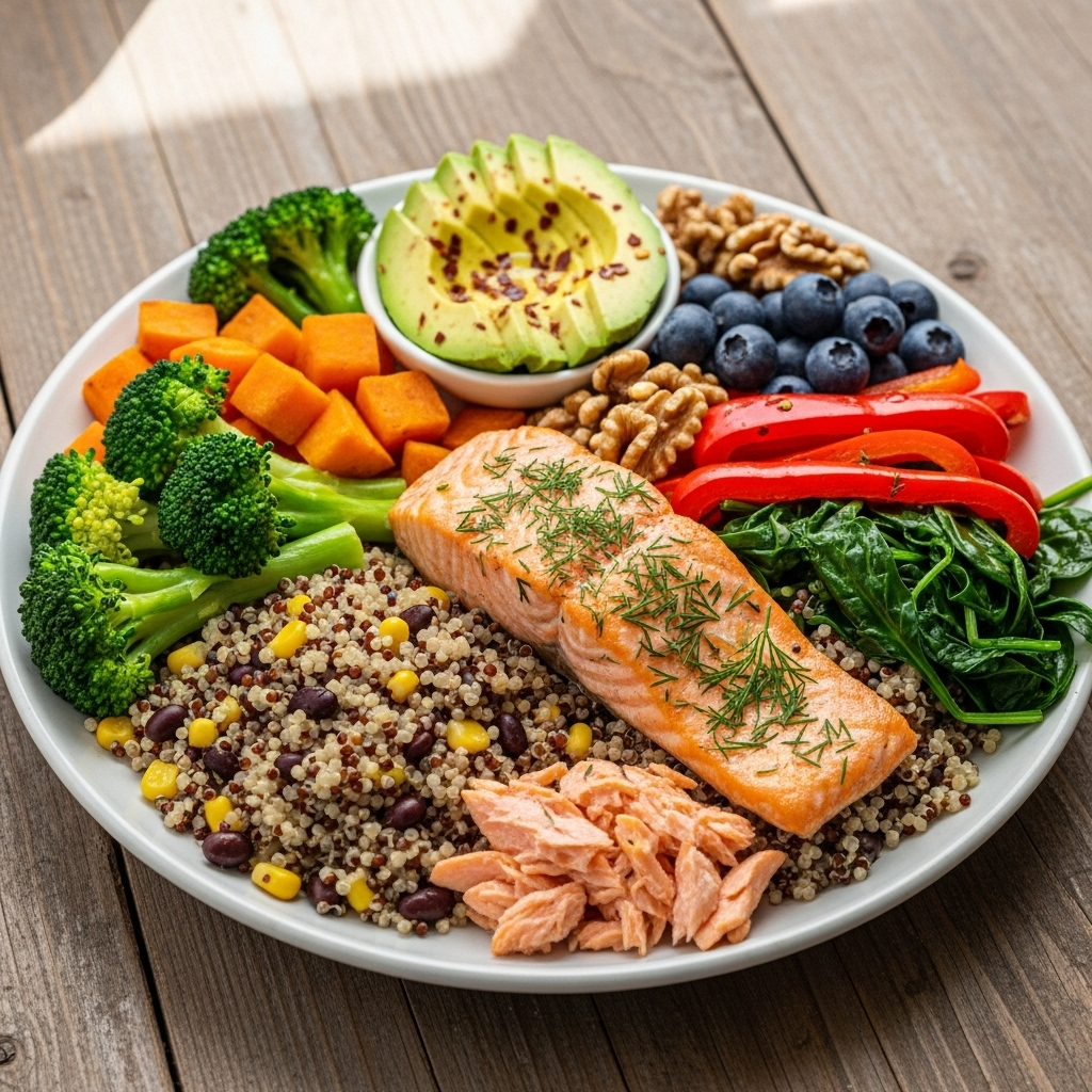 A colorful healthy meal plate with whole grains, fresh vegetables, fish, and anti-inflammatory foods beautifully arranged on a wooden table