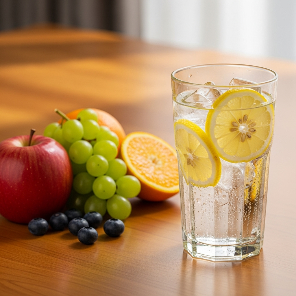 A refreshing glass of water with lemon slices next to fresh fruits, representing healthy beverage choices instead of alcohol and cigarettes
