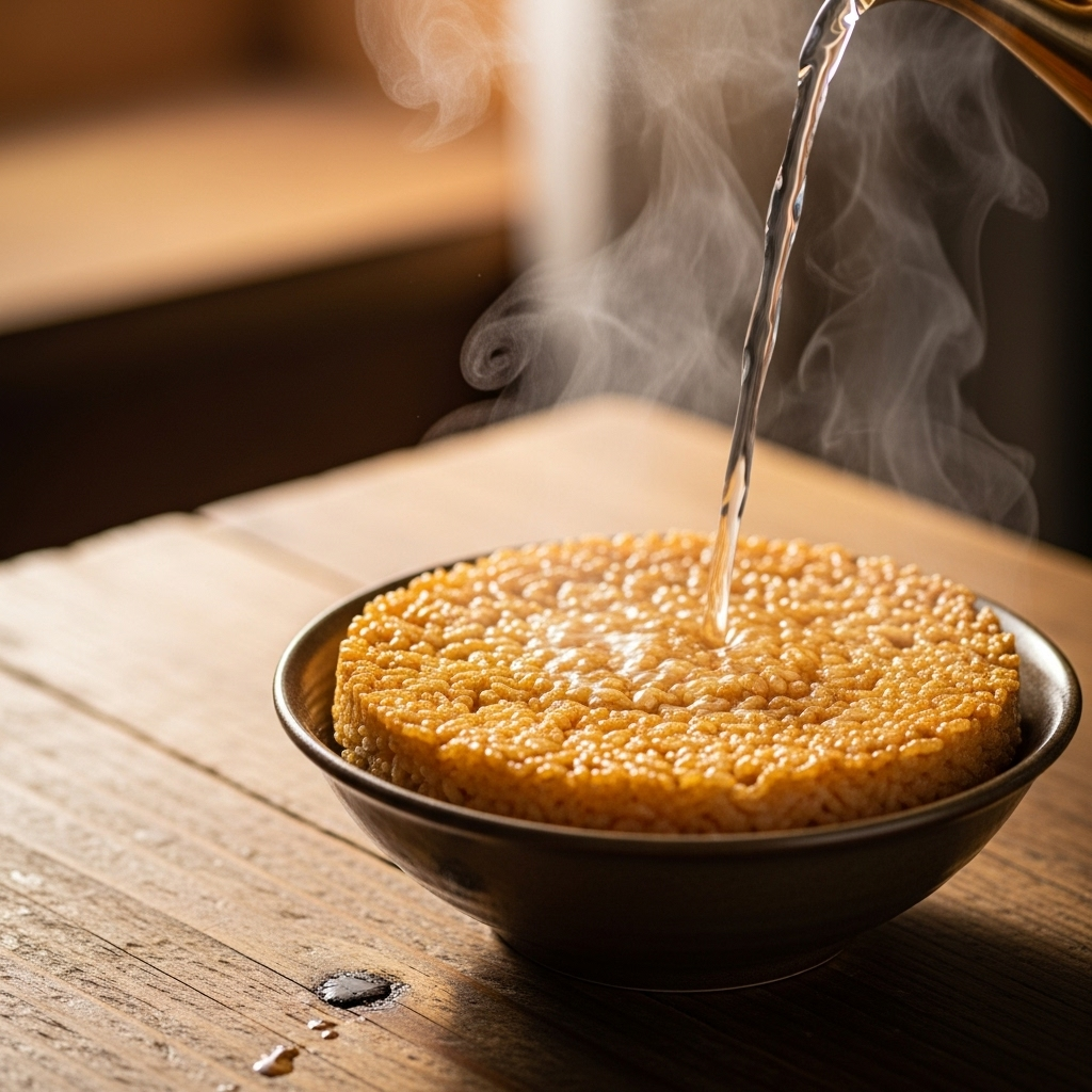 Golden crispy rice crust (nurungji) in a traditional Korean ceramic bowl on wooden table, warm lighting, steam rising from hot water being poured