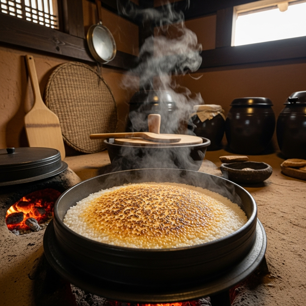 Traditional Korean kitchen scene with clay pot cooking rice, showing the process of nurungji formation at the bottom of the pot