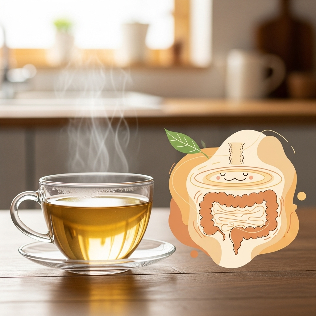 Steaming hot nurungji tea in a transparent glass cup, showing the golden color, with digestive comfort concept illustration