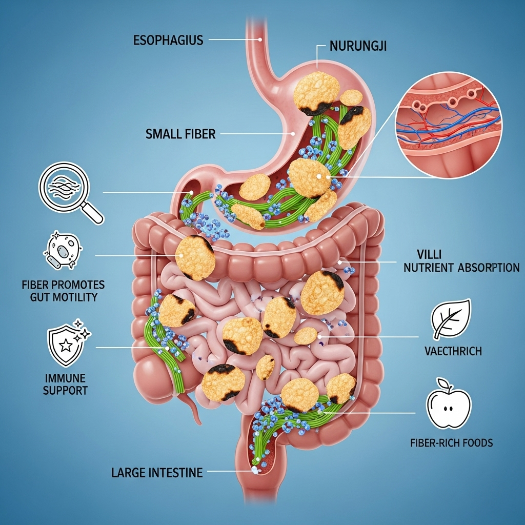 Healthy digestive system illustration with nurungji elements, showing fiber and gut health benefits in a modern scientific style