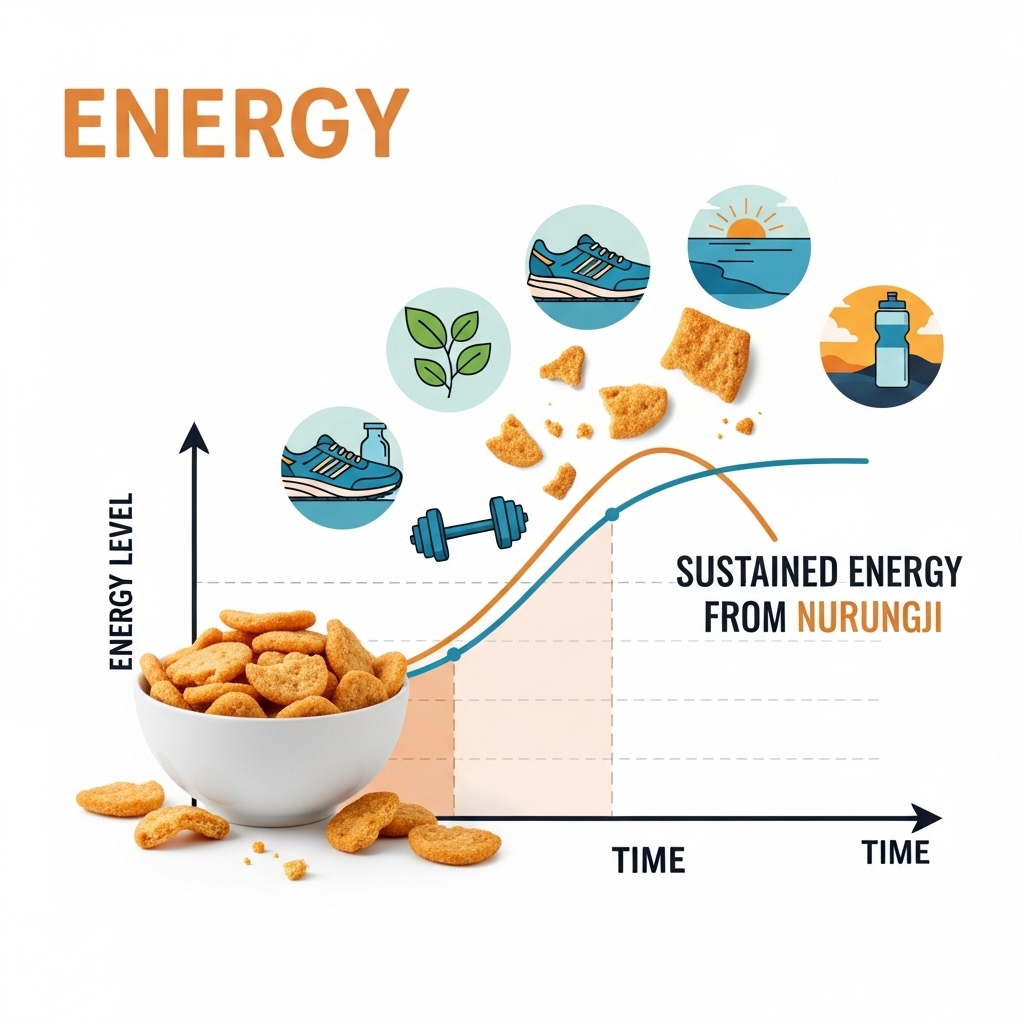Energy concept with nurungji snacks, showing sustained energy release graph and healthy lifestyle elements