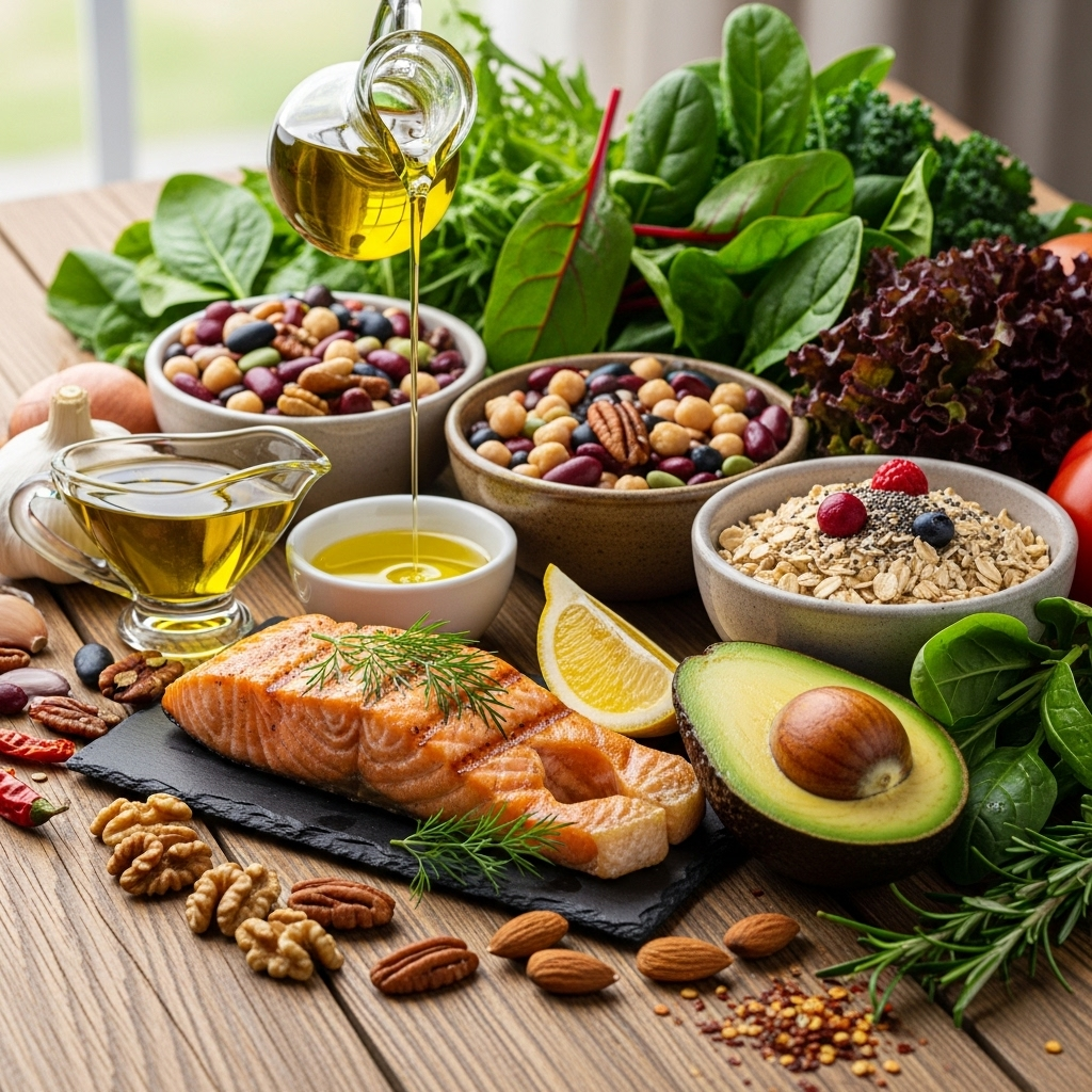 A vibrant collection of healthy foods including salmon, avocado, oats, nuts, olive oil, beans and leafy green vegetables arranged beautifully on a wooden table, natural lighting, food photography style