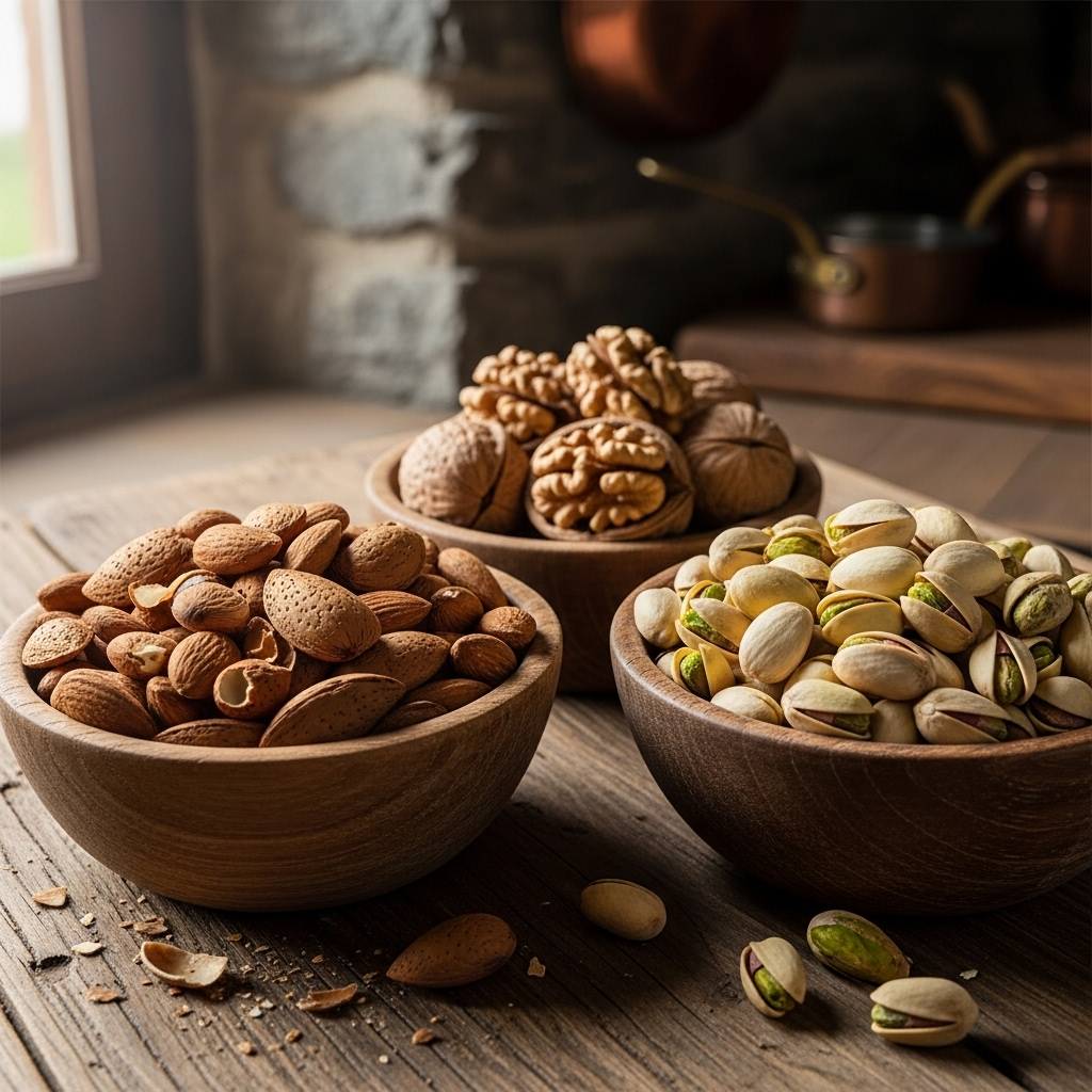 Mixed nuts including almonds, walnuts and pistachios in wooden bowls, natural lighting, rustic kitchen setting