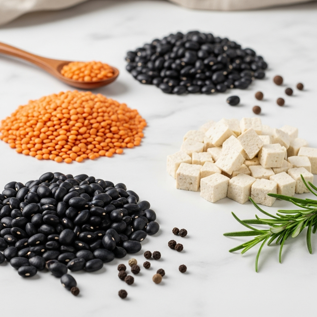 Various beans and legumes including lentils, black beans, and tofu arranged on a marble counter, clean food photography style