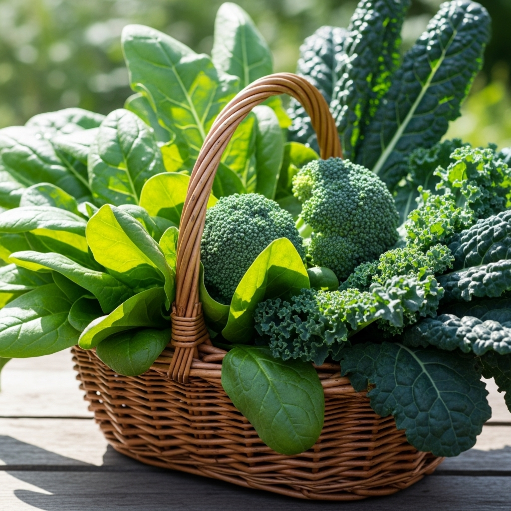 Fresh leafy green vegetables including spinach, kale and broccoli in a wicker basket, natural outdoor lighting