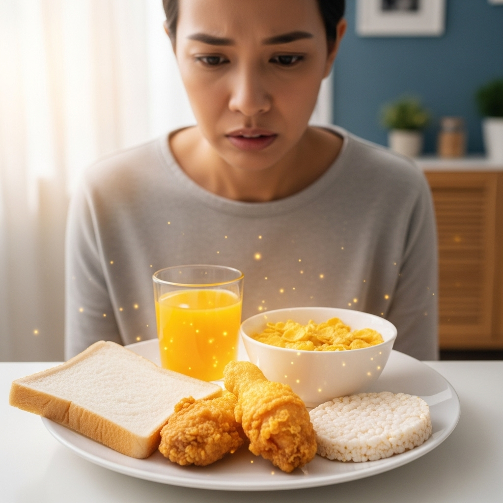 A person looking worriedly at a plate of various delicious but potentially unhealthy foods, with a subtle glow around the foods. The scene should be clean and not overly dramatic, showing a healthy adult in a home setting. The foods are a mix of white bread, a glass of juice, some fried food, cereal, and a traditional rice cake.