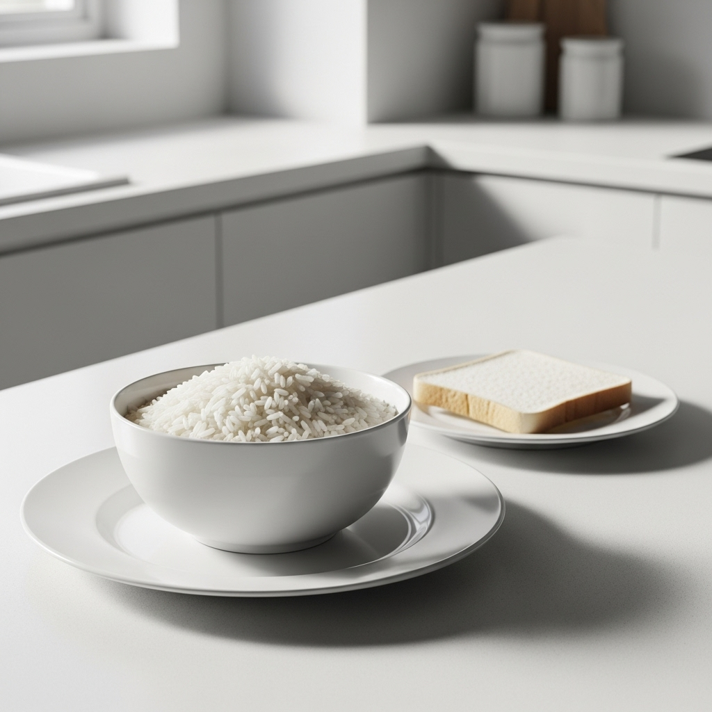 A simple, minimalist plate with white rice in a bowl and a slice of white bread on a small side plate, subtly suggesting a lack of nutrients, in a bright, clean kitchen setting.