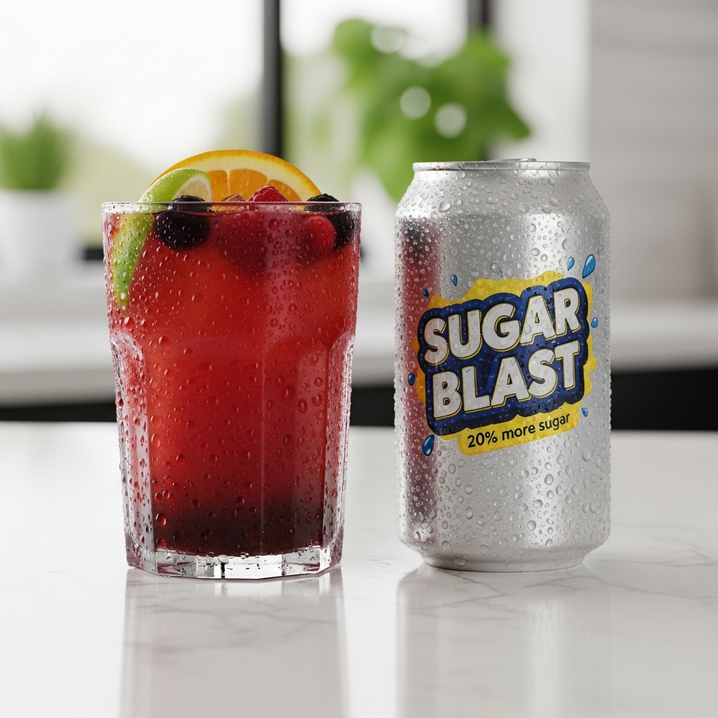 A vibrant glass of fruit juice next to a fizzy soda can, both looking appealing with condensation, but with a subtle implication of hidden sugar, against a light and modern background.