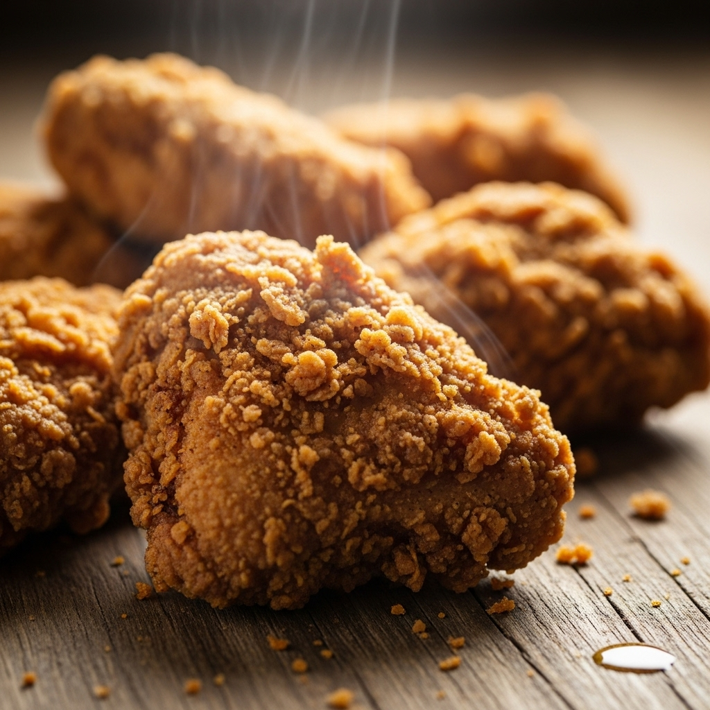 A close-up of crispy fried chicken pieces with a golden-brown, textured coating, looking delicious but with a soft, cautionary light, on a rustic wooden table.