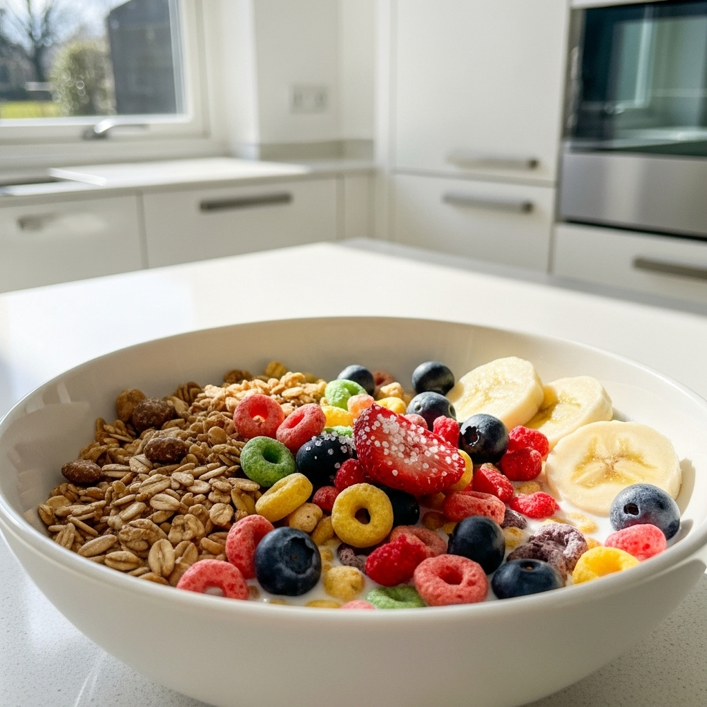 A bowl of colorful cereal and granola with milk and some dried fruit, looking healthy and appealing, but with a subtle visual cue hinting at hidden sugars, in a bright, modern kitchen.