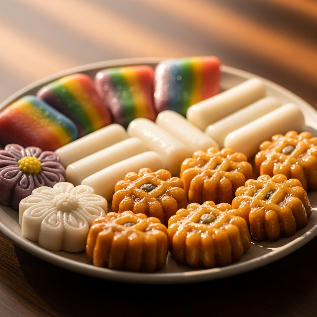 A plate of traditional Korean rice cakes (tteok) and small, beautifully decorated traditional snacks (yakgwa), arranged aesthetically, but with a soft, warm lighting that might suggest a nostalgic but potentially unhealthy indulgence.