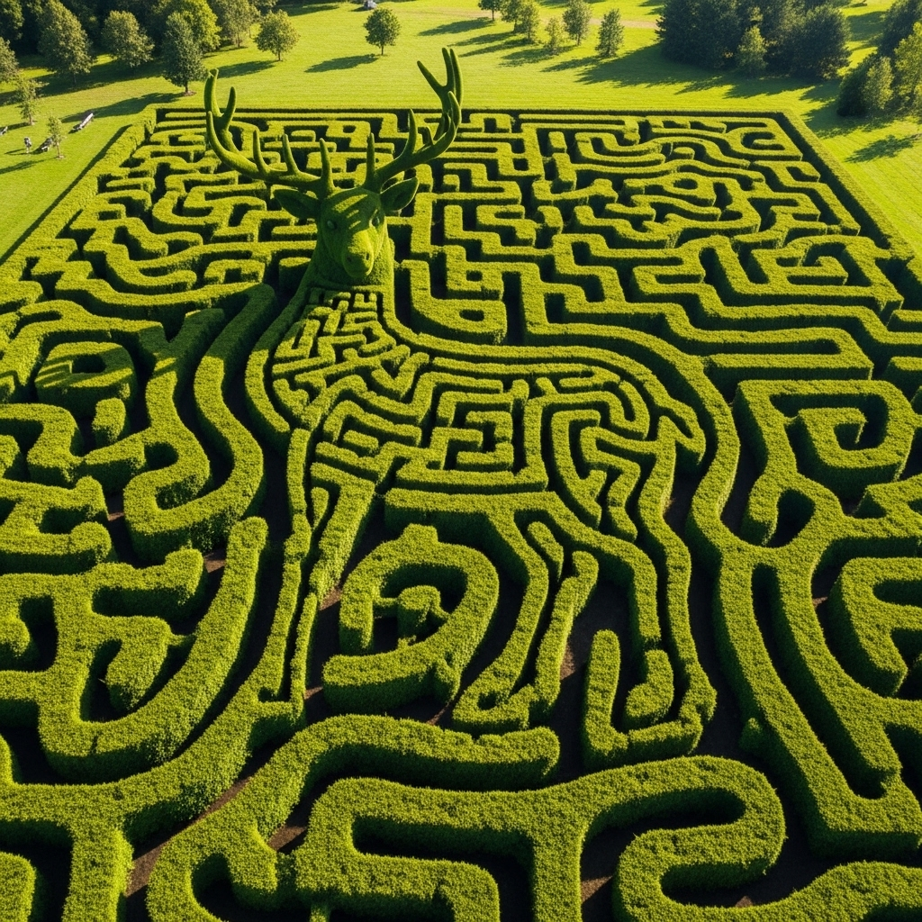 Large deer-shaped maze viewed from above, made of green hedges, showing the intricate design patterns and pathways