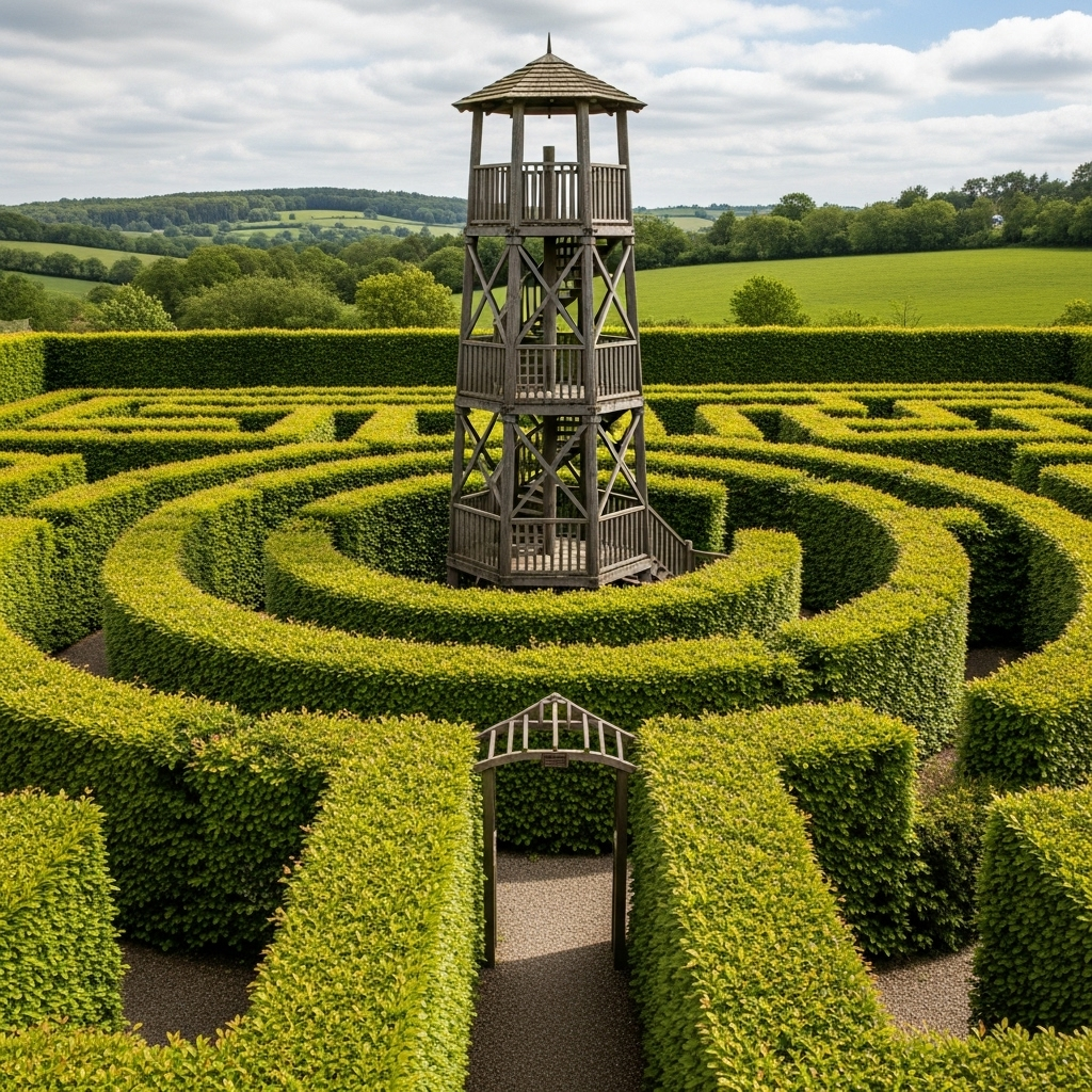Classic British hedge maze with tall green walls, winding pathways, and a wooden observation tower in the center, countryside setting