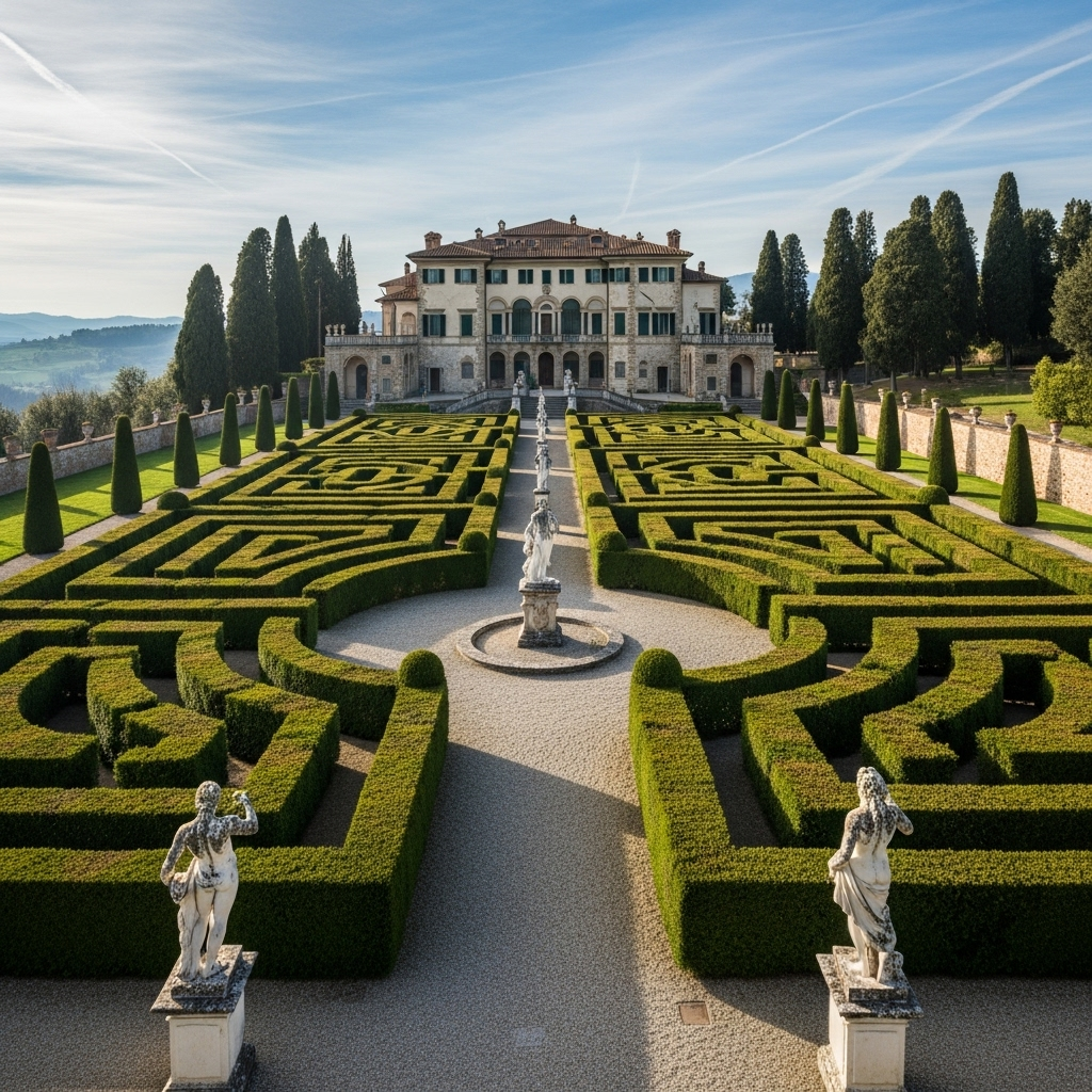 Historic Italian villa maze with classical Renaissance garden design, neatly trimmed boxwood hedges, marble statues, and elegant pathways