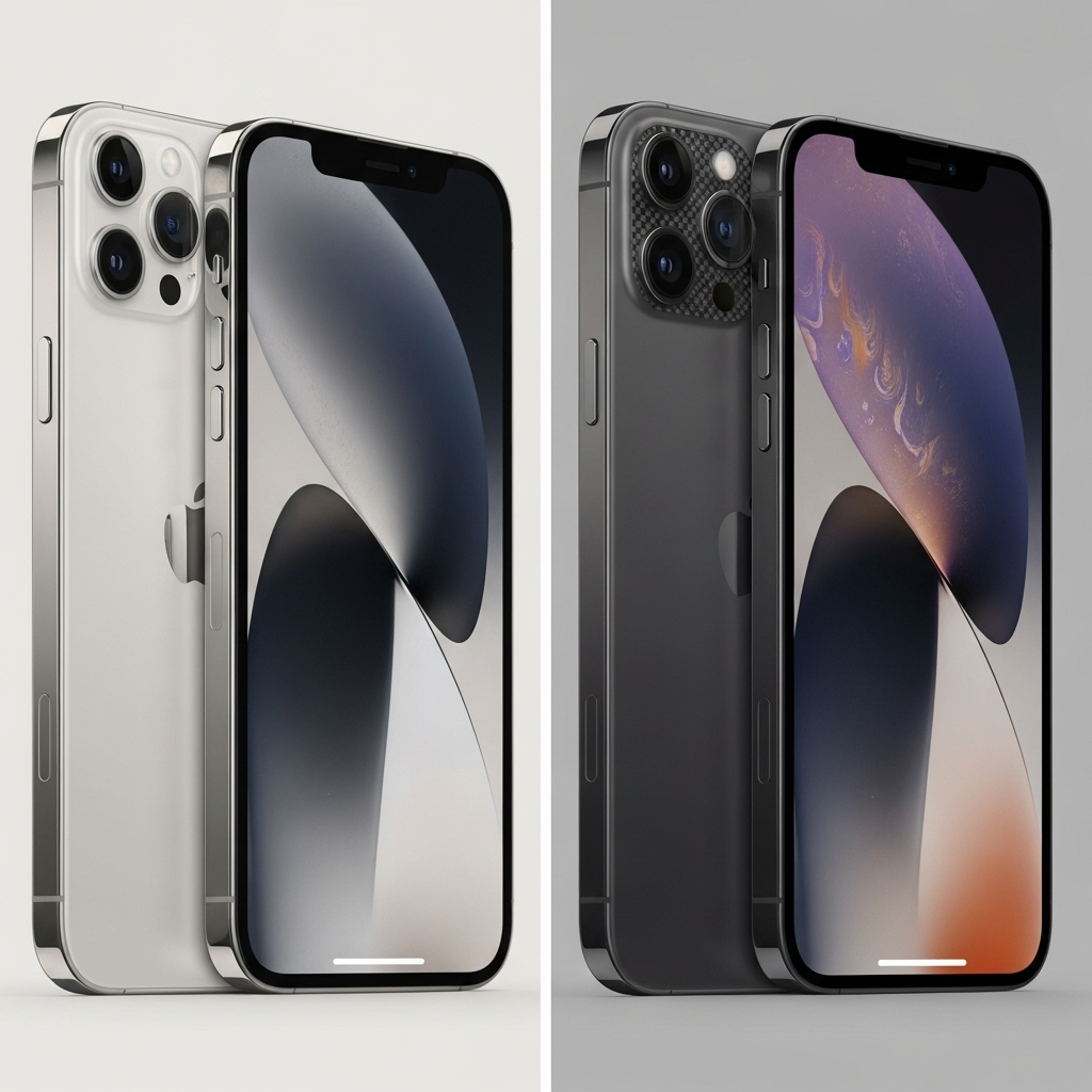A split screen showing two iPhone 17 models side-by-side for comparison. One is the sleek, thin iPhone Air in a light color, and the other is the more robust iPhone 17 Pro in a darker, metallic finish, highlighting their design differences. --ar 16:9