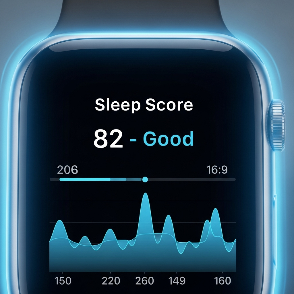 A close-up of an Apple Watch showing a detailed 'Sleep Score' interface on its screen, surrounded by a subtle, glowing blue aura, suggesting advanced health tracking. --ar 16:9