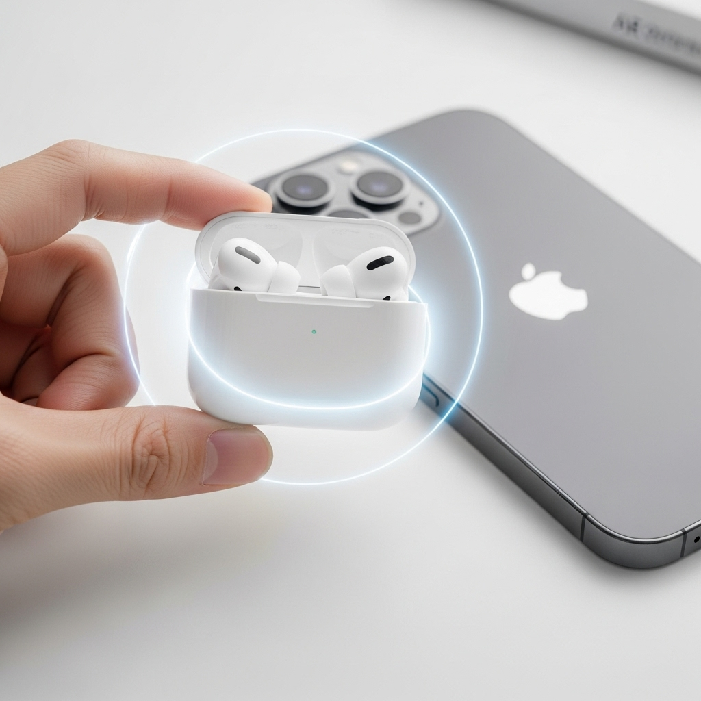 A hand holding a sleek, white AirPods Pro 3 charging case next to a new iPhone 17, with a subtle glow around the earbuds to emphasize their premium features. --ar 16:9