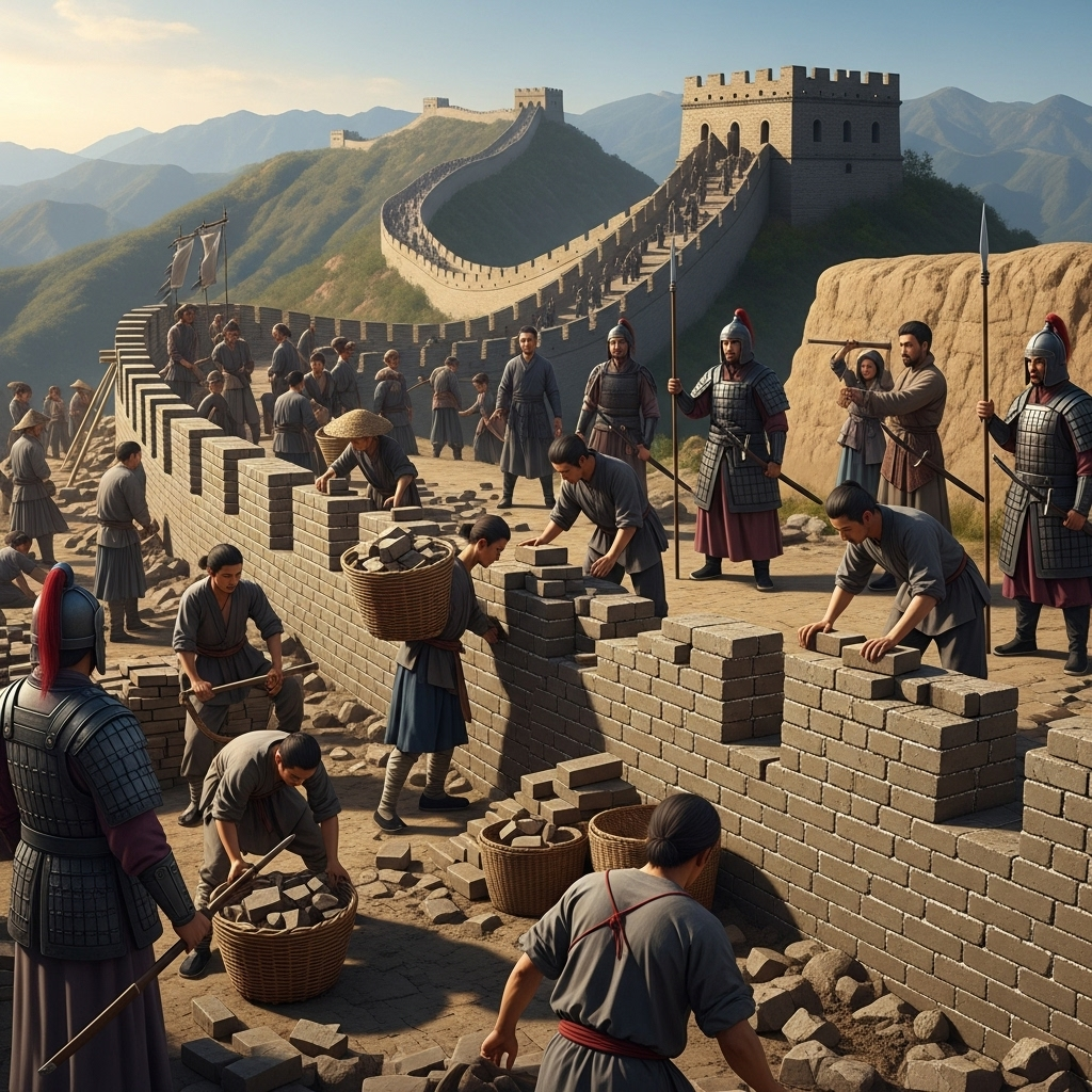 Ancient Chinese workers, including soldiers, farmers, and possibly some prisoners, engaged in building a section of the Great Wall, showing different historical periods' construction styles (e.g., simpler rammed earth walls in the background, more elaborate brickwork in the foreground). No text.