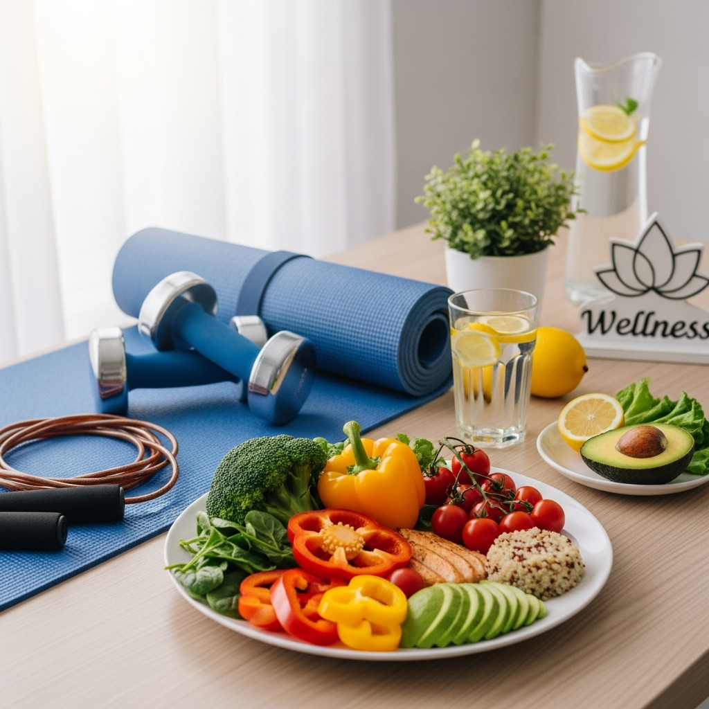 A healthy lifestyle concept showing balanced diet with colorful vegetables, exercise equipment, and wellness symbols in a bright, clean setting