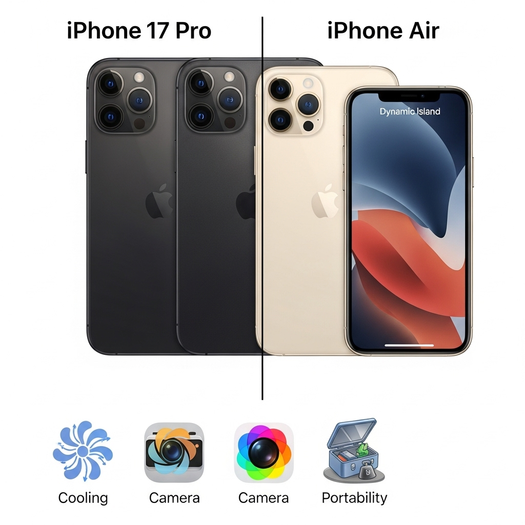 A detailed side-by-side comparison image illustrating the differences in design and features between the iPhone 17 Pro and the new iPhone Air, with small, abstract icons representing cooling, camera, and portability. No text on image.
