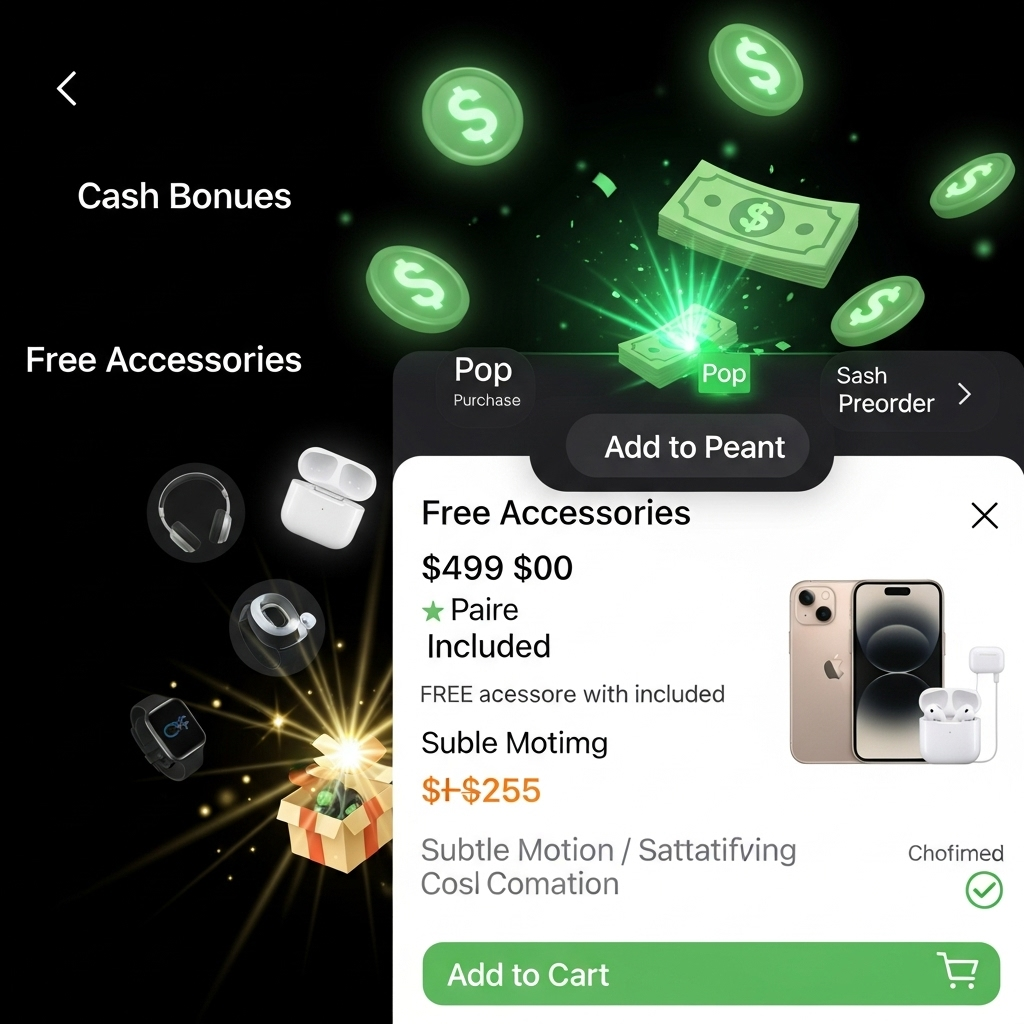 A vibrant image showing people enthusiastically preordering new iPhones on their mobile devices and computers, surrounded by visual cues of special deals and bonuses like cash bonuses and free accessories. No text on image.