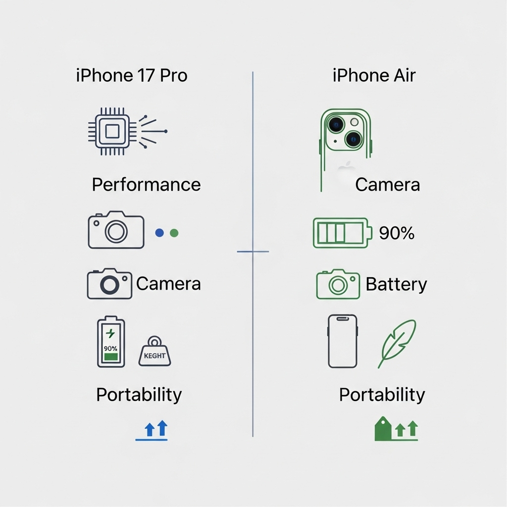 A clean infographic-style image comparing the key features of iPhone 17 Pro and iPhone Air, using simple icons to represent categories like performance, camera, battery, and portability, helping users visualize their choices. No text on image.