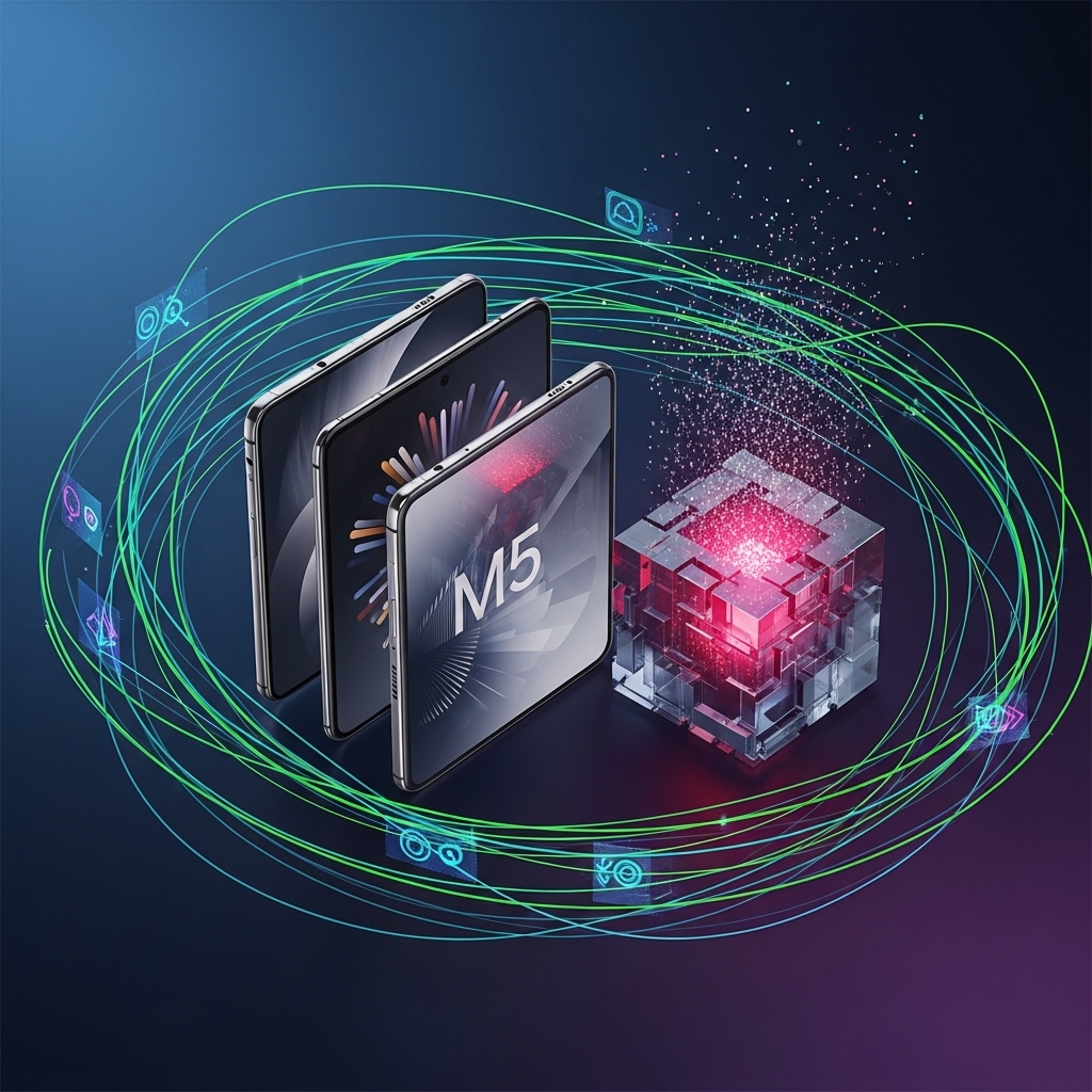 A futuristic, abstract representation of a foldable smartphone and a powerful microchip (M5 chip) surrounded by faint, swirling lines of data, symbolizing future technology and innovation. No text on image.