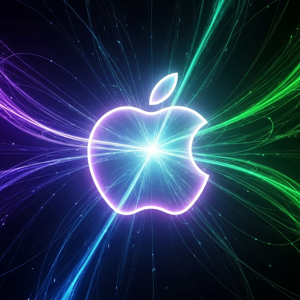 A stylized, futuristic Apple logo subtly integrated into a vibrant, abstract background with glowing lines, representing innovation and technology. The overall image should be clean and sophisticated, without any text.