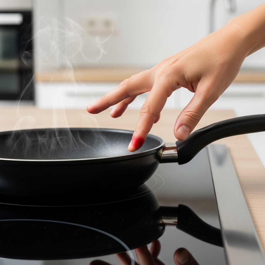 화상 - A person's hand accidentally touching a hot pan on a kitchen stove, showing a slight burn mark. The background is a clean, modern kitchen. Focus on the hand and the pan, with a soft, slightly blurred background. No text in the image. The person is an adult.