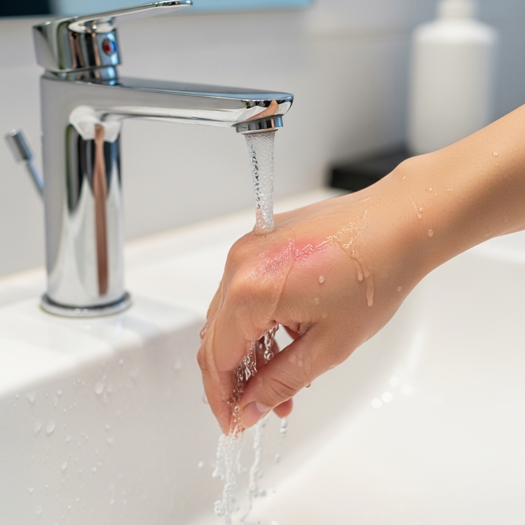 A person gently holding their hand under a cool, running water tap after a minor burn, showing carefulness and immediate action. The water is clear, and the hand has a slight red mark. Background is a clean bathroom sink. No text.
