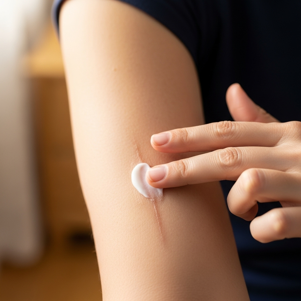 A person applying a small amount of soothing cream to a healing burn scar on their arm, with soft, gentle lighting. The scar is minimal and appears to be in a good healing stage. Background is a blurry, warm-toned room. No text.
